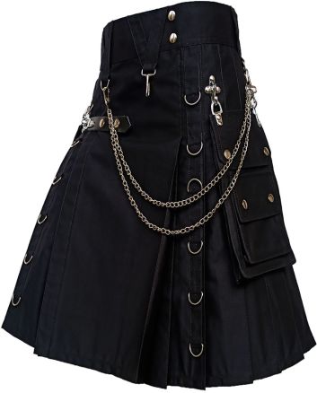 Black Gothic Utility Fashion Kilt, Black color for Male
