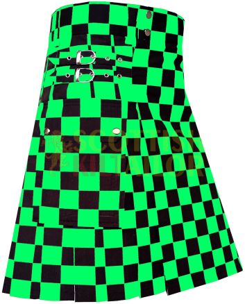 Black & Green Premium Utility Kilt With Cargo Pocket, Black color for Male