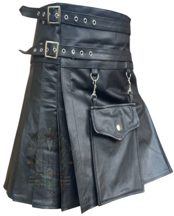 Black Leather Buckle Strap Utility Kilt right side view showing functional cargo pocket and buckle strap detail