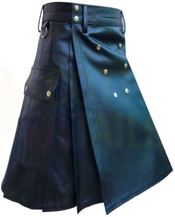 Black Leather Cross Pocket Style Premium Utility Kilt
