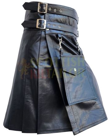 Black Leather Detachable Pocket Utility Kilt, Black color for Male