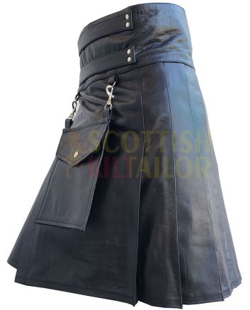 Black Leather Detachable Pocket Utility Kilt, Black color for Male