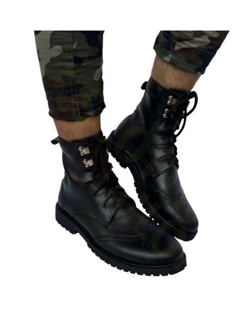 Black Leather Ghillie Brogues Half Long Kilt Boot