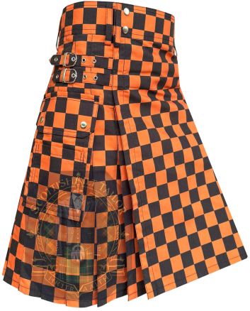 Black & Orange Premium Utility Kilt With Cargo Pocket, Black color for Male