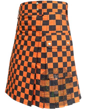 Black & Orange Premium Utility Kilt With Cargo Pocket, Black color for Male
