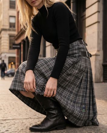 Black Shadow tartan maxi skirt for women with pleated design