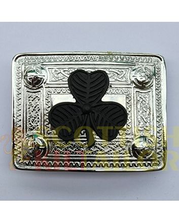 Black Shamrock Badge Silver Kilt Belt Buckle, Silver color for Male