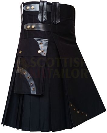 Black Utility Deluxe Fashion Kilt, Black color for Male