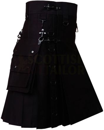 Black Utility Gothic Kilt, Black color for Male