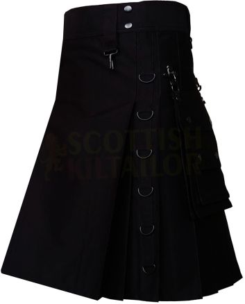 Black Utility Gothic Kilt, Black color for Male
