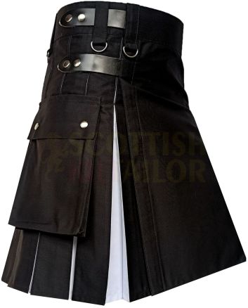 Black & White Box Pleated Hybrid Kilt, Black color for Male