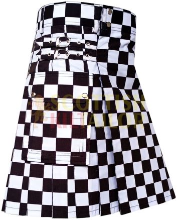 Black & White Premium Utility Kilt With Cargo Pocket, Black color for Male