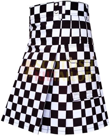 Black & White Premium Utility Kilt With Cargo Pocket, Black color for Male