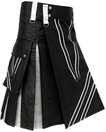 Black & White Striped Modern Fashion Kilt right side view showing sleek pleated design and functional utility pocket