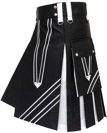 Black & White Striped Modern Fashion Kilt right side view showing sleek pleated design and functional utility pocket