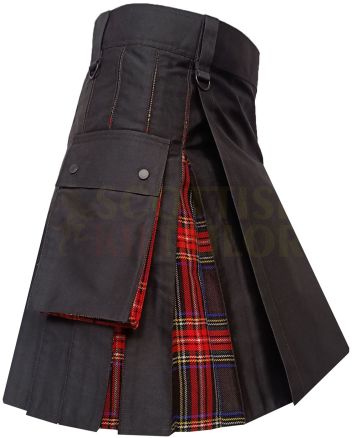 Black With Black Stewart Tartan Hybrid Kilt, Black color for Male