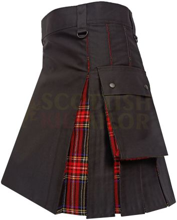 Black With Black Stewart Tartan Hybrid Kilt, Black color for Male