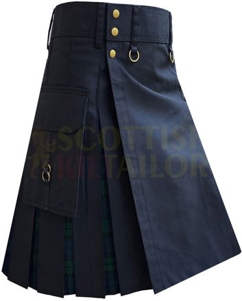 Black With Black Watch Tartan Hybrid Kilt For Men, Black color for Male