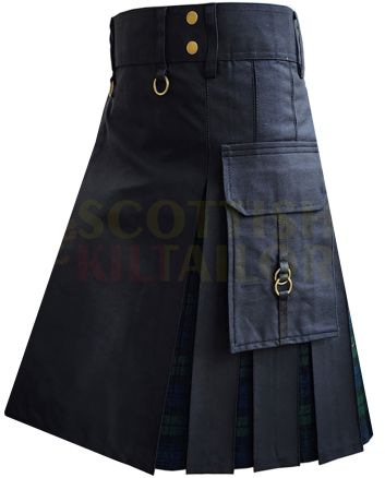 Black With Black Watch Tartan Hybrid Kilt For Men, Black color for Male