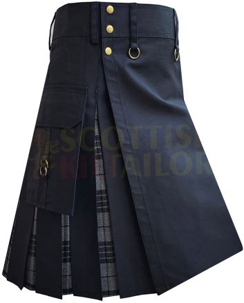 Black With Grey Watch Tartan Hybrid Kilt For Men, Black color for Male
