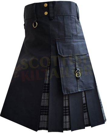 Black With Grey Watch Tartan Hybrid Kilt For Men, Black color for Male
