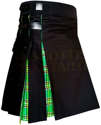 Black With Irish Green Tartan Hybrid Kilt, Black color for Male