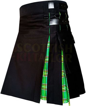 Black With Irish Green Tartan Hybrid Kilt, Black color for Male