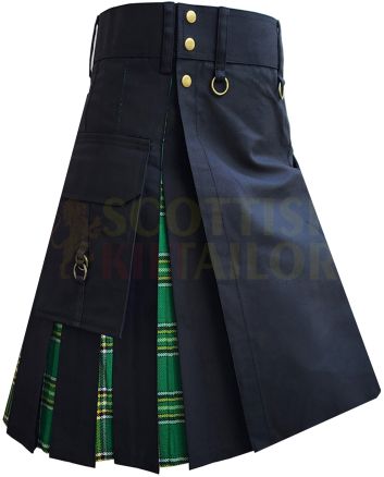 Black With Irish National Tartan Hybrid Kilt For Men, Black color for Male