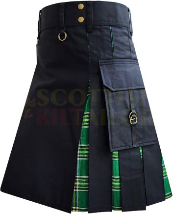 Black With Irish National Tartan Hybrid Kilt For Men, Black color for Male