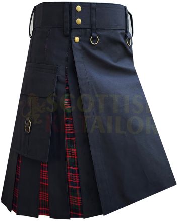 Black With MacDonald Tartan Hybrid Kilt For Men, Black color for Male