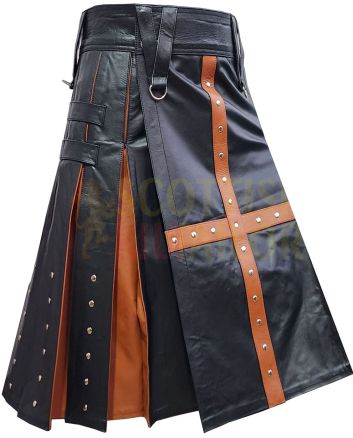 Black With Orange Leather Hybrid Utility Fashion Kilt, Black color for Male
