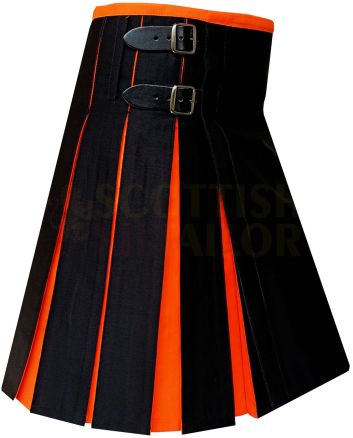 Black With Orange Tartan Style Hybrid Kilt, Black color for Male