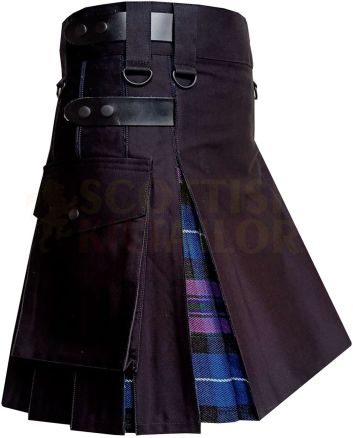 Black With Pride of Scotland Tartan Hybrid Kilt, Black color for Male
