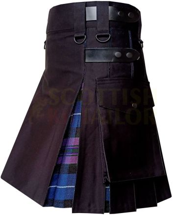 Black With Pride of Scotland Tartan Hybrid Kilt, Black color for Male