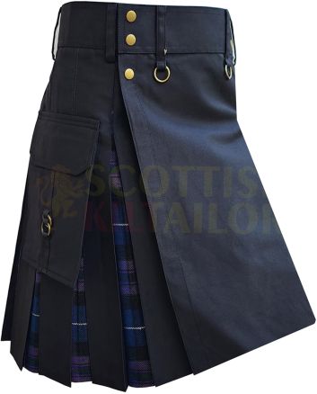 Black With Pride of Scotland Tartan Hybrid Kilt For Men, Black color for Male