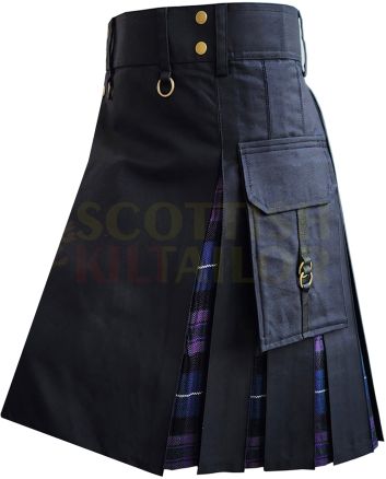 Black With Pride of Scotland Tartan Hybrid Kilt For Men, Black color for Male