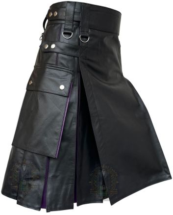 Black With Purple Leather Hybrid Kilt right side view showing functional cargo pocket and two-tone hybrid leather design
