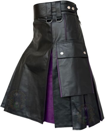 Black With Purple Leather Hybrid Kilt right side view showing functional cargo pocket and two-tone hybrid leather design