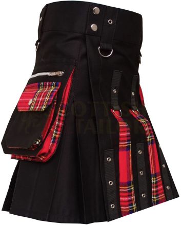 Black With Royal Stewart Tartan Fashion Hybrid Kilt