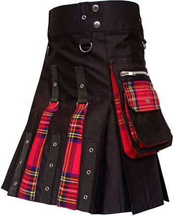 Black With Royal Stewart Tartan Fashion Hybrid Kilt