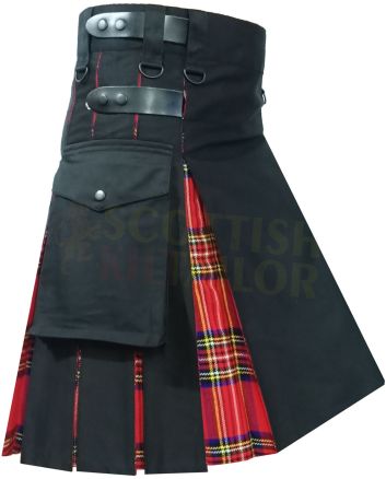 Black With Royal Stewart Tartan Hybrid Kilt, Black color for Male