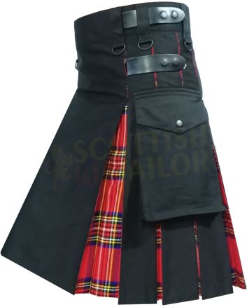 Black With Royal Stewart Tartan Hybrid Kilt, Black color for Male