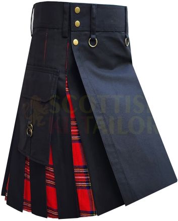 Black With Royal Stewart Tartan Hybrid Kilt For Men, Black color for Male