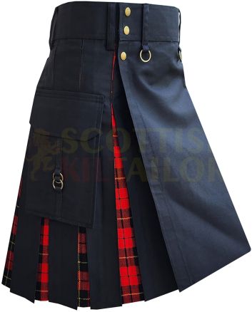 Black With Wallace Red Tartan Hybrid Kilt For Men, Black color for Male