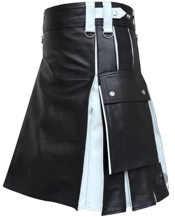 Black & White Leather Hybrid Kilt For Men