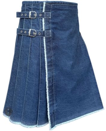 Side angle view of Blue Denim Utility Kilt showing deep pleats and adjustable buckle closures