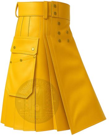 Bright Yellow Scottish Fashion Utility Kilt right side view with functional cargo pocket and vibrant pleated design
