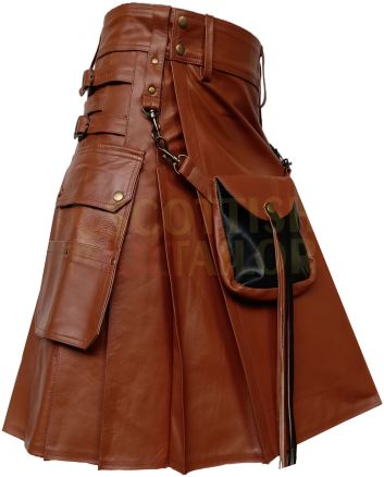 Brown Cow Leather Utility Kilt With Front Sporran, Brown color for Male