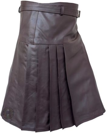 Right side view of brown leather utility kilt with matching belt and deep pleated design