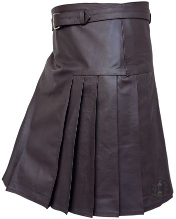 Right side view of brown leather utility kilt with matching belt and deep pleated design